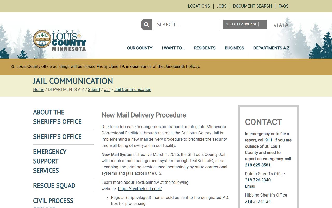St. Louis County inmate records mail phone and TextBehind instructions